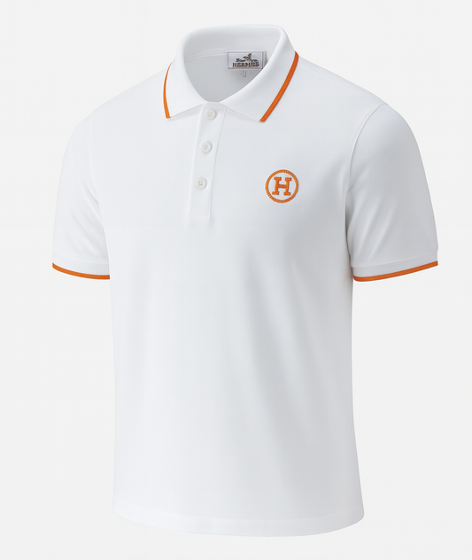 White Polo Shirt with Orange Accents and Signature “H” Embroidery