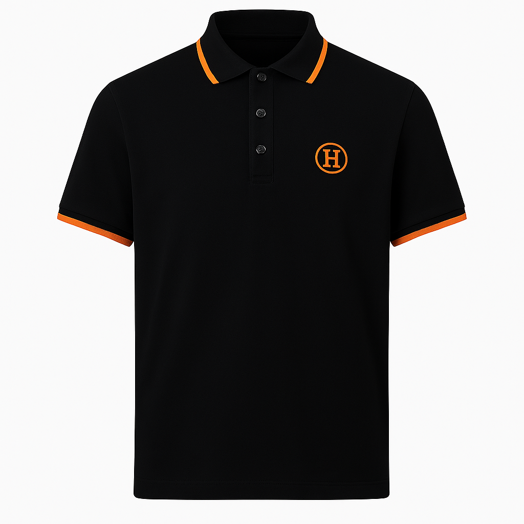 Black Polo Shirt with Orange Accents and Signature “H” Embroidery