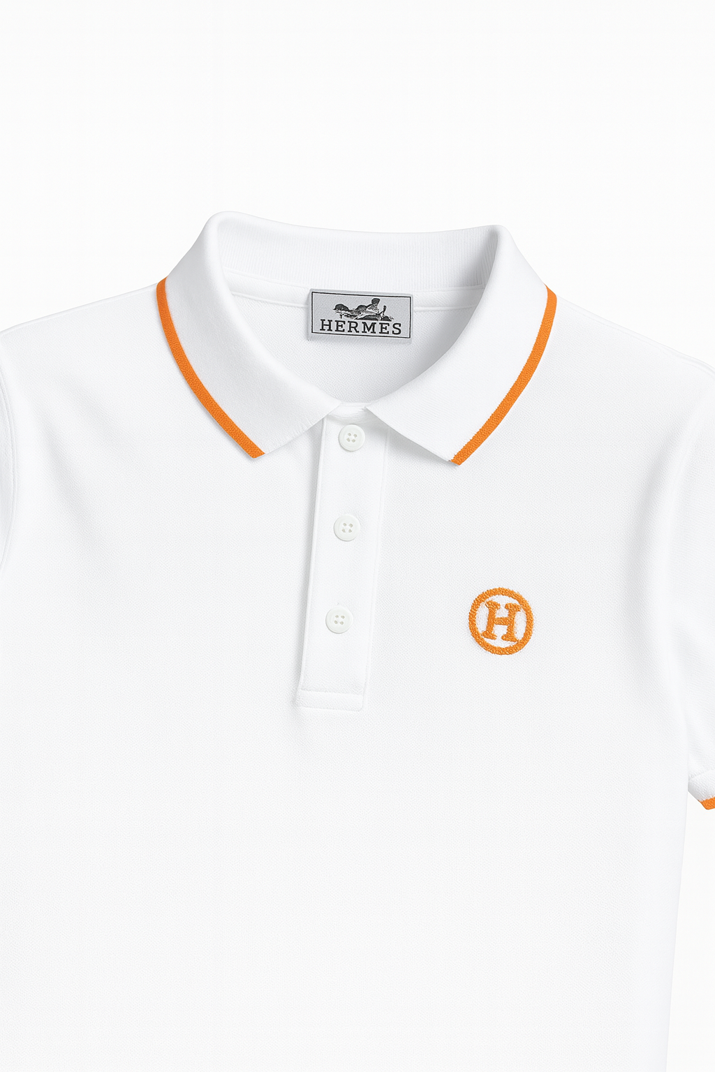White Polo Shirt with Orange Accents and Signature “H” Embroidery