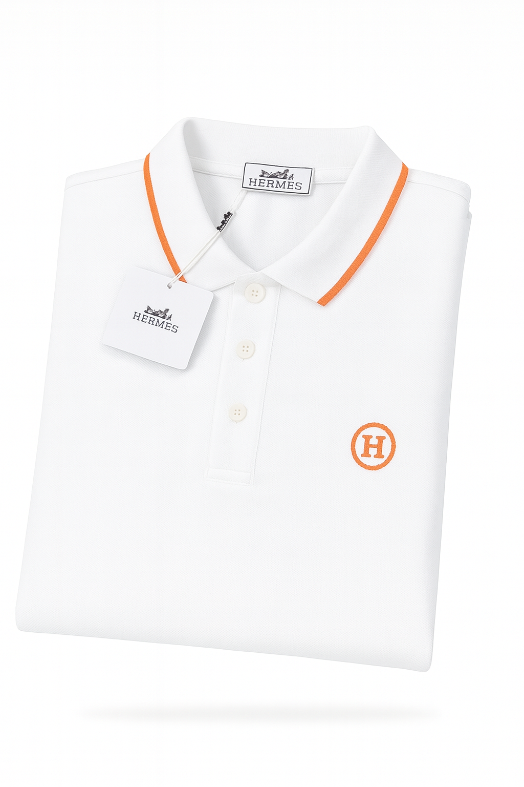 White Polo Shirt with Orange Accents and Signature “H” Embroidery