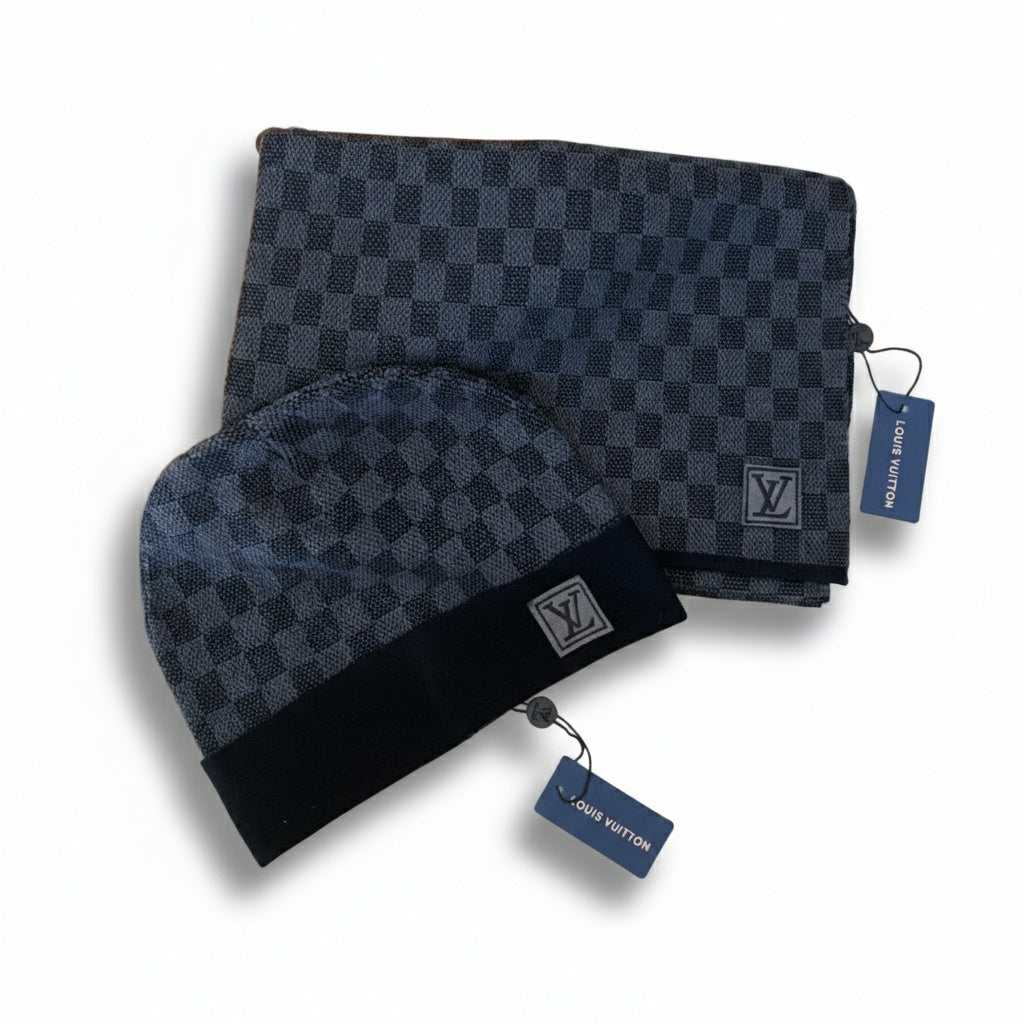Black & Charcoal Néo Petit Damier Beanie & Scarf Set