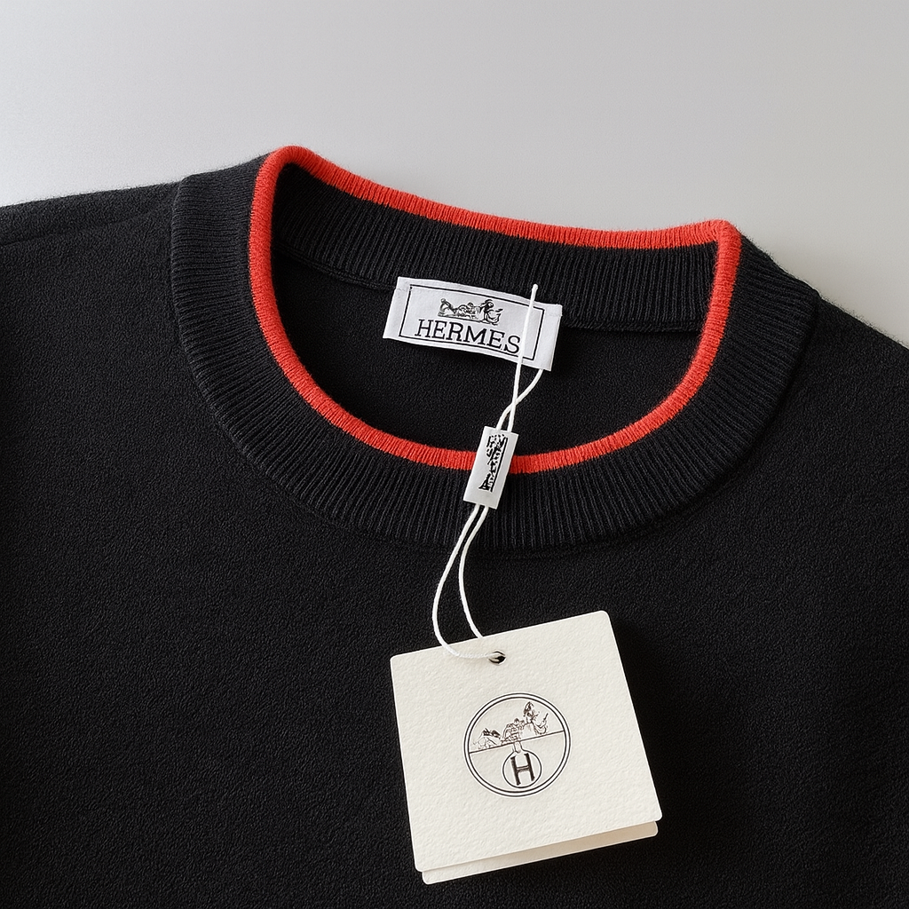 Signature Black Wool Crewneck Sweater with Red Trim