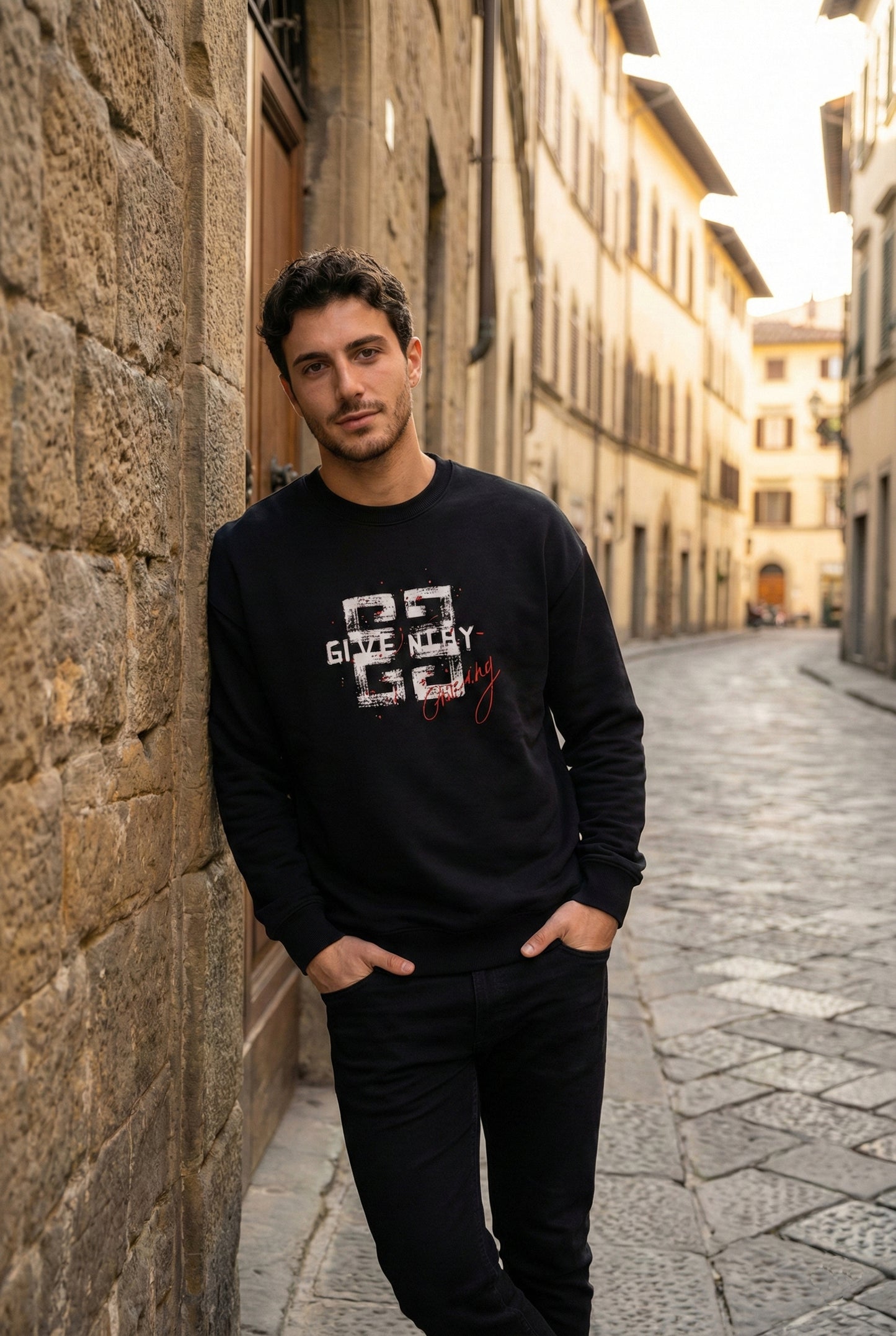 Black Distressed Logo Crewneck Sweatshirt