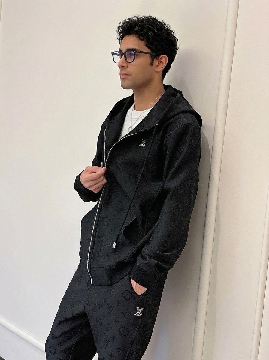 Premium Black Embossed Monogram Tracksuit Set