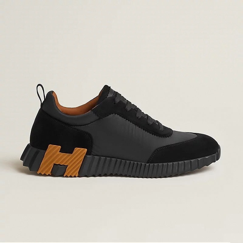 Bouncing Sneaker in Black Calfskin and Suede with Orange “H”