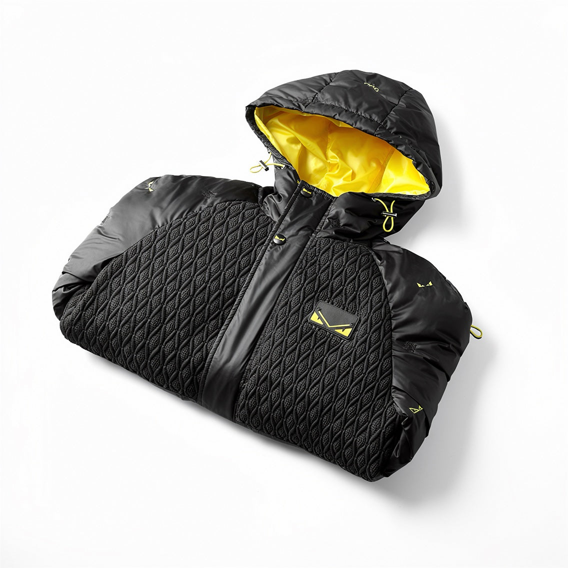 Hooded Puffer Jacket – Geometric Quilt & Monster Patch