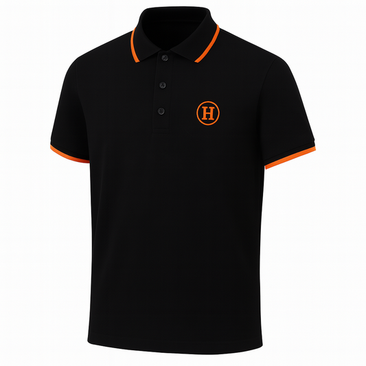 Black Polo Shirt with Orange Accents and Signature “H” Embroidery
