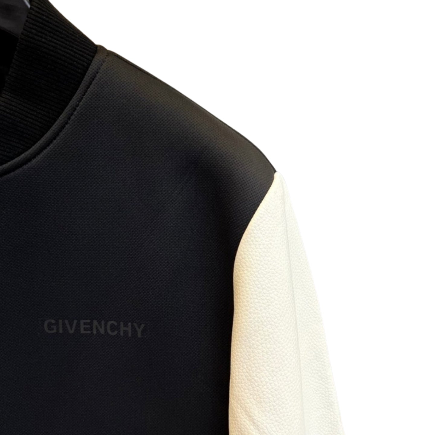 Black & Off-White Varsity Jacket — Leather Sleeves