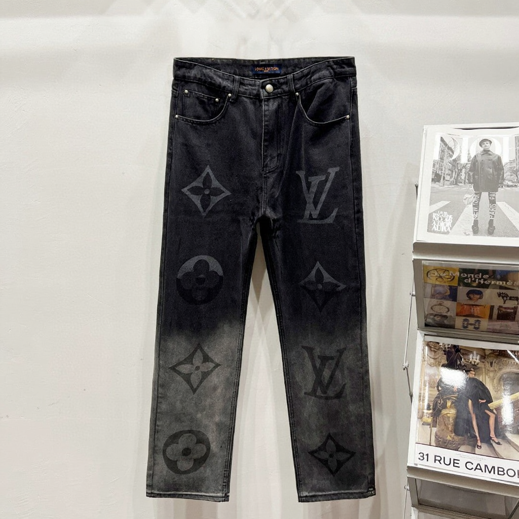 Black Monogram Denim Jeans with Yellow Patch