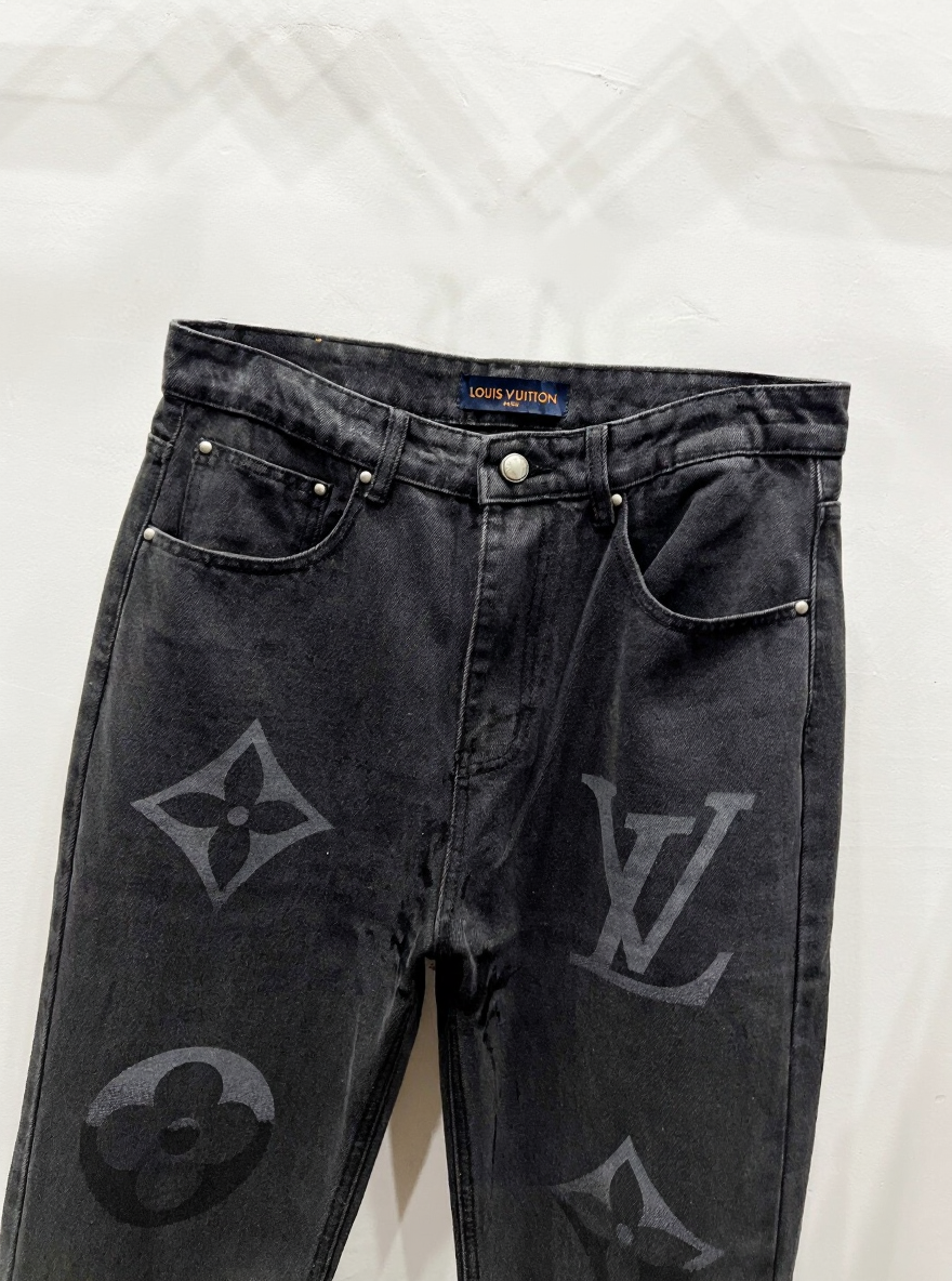 Black Monogram Denim Jeans with Yellow Patch