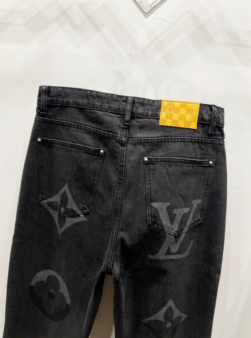 Black Monogram Denim Jeans with Yellow Patch