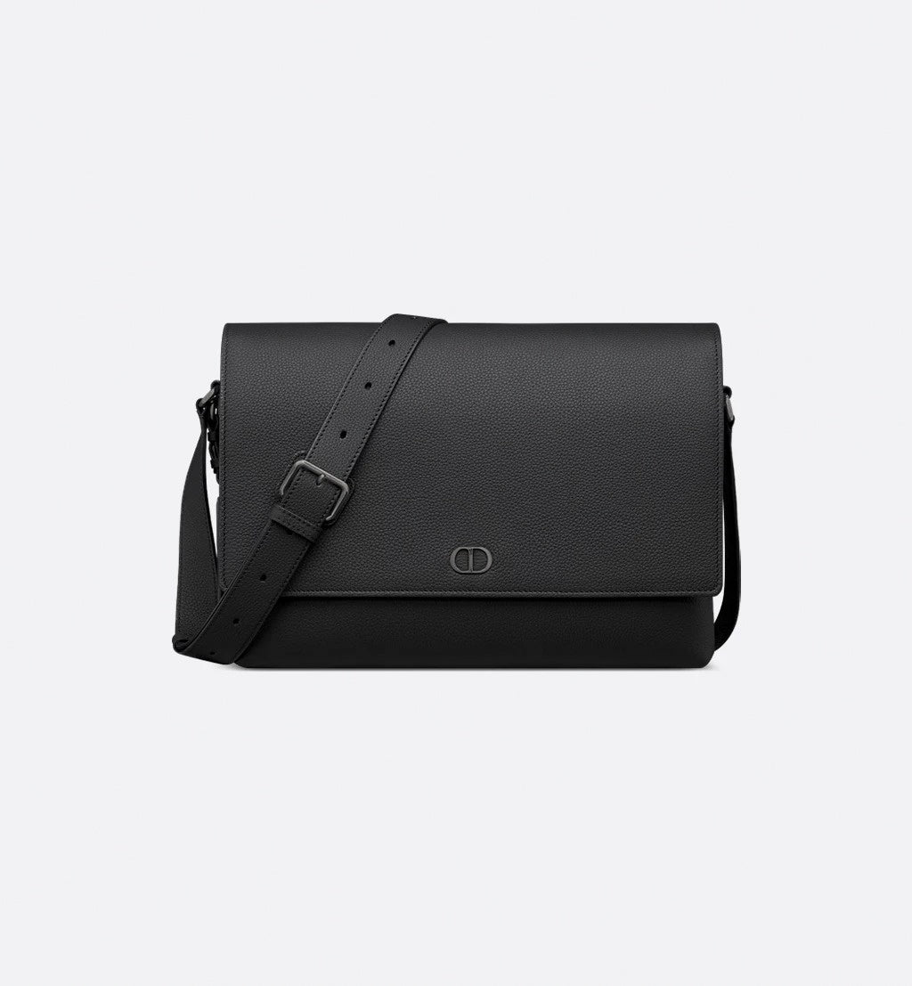 CD Icon Flap Messenger Bag in Black Matte Grained Calfskin
