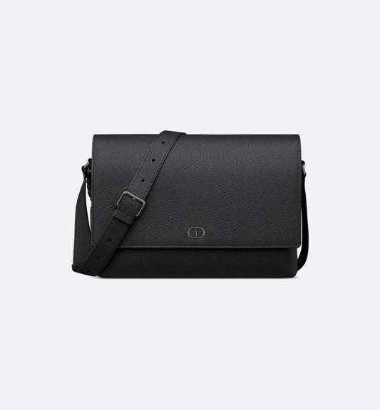 CD Icon Flap Messenger Bag in Black Matte Grained Calfskin