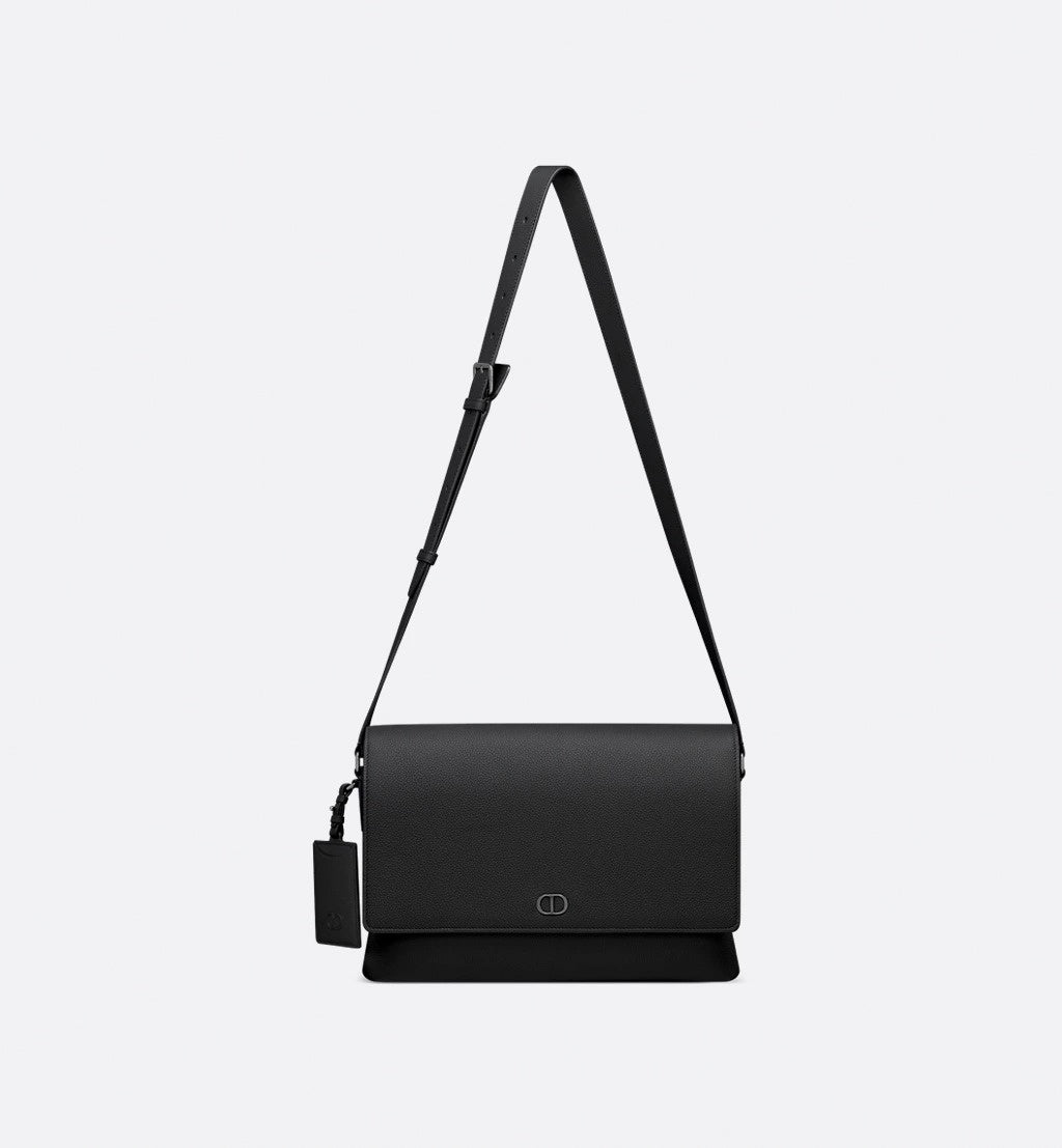 CD Icon Flap Messenger Bag in Black Matte Grained Calfskin