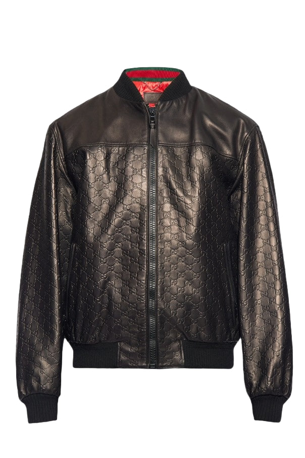 Black GG Monogram Leather Bomber Jacket