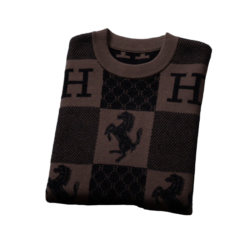 Checkered “H” & Horse Motif Wool Sweater