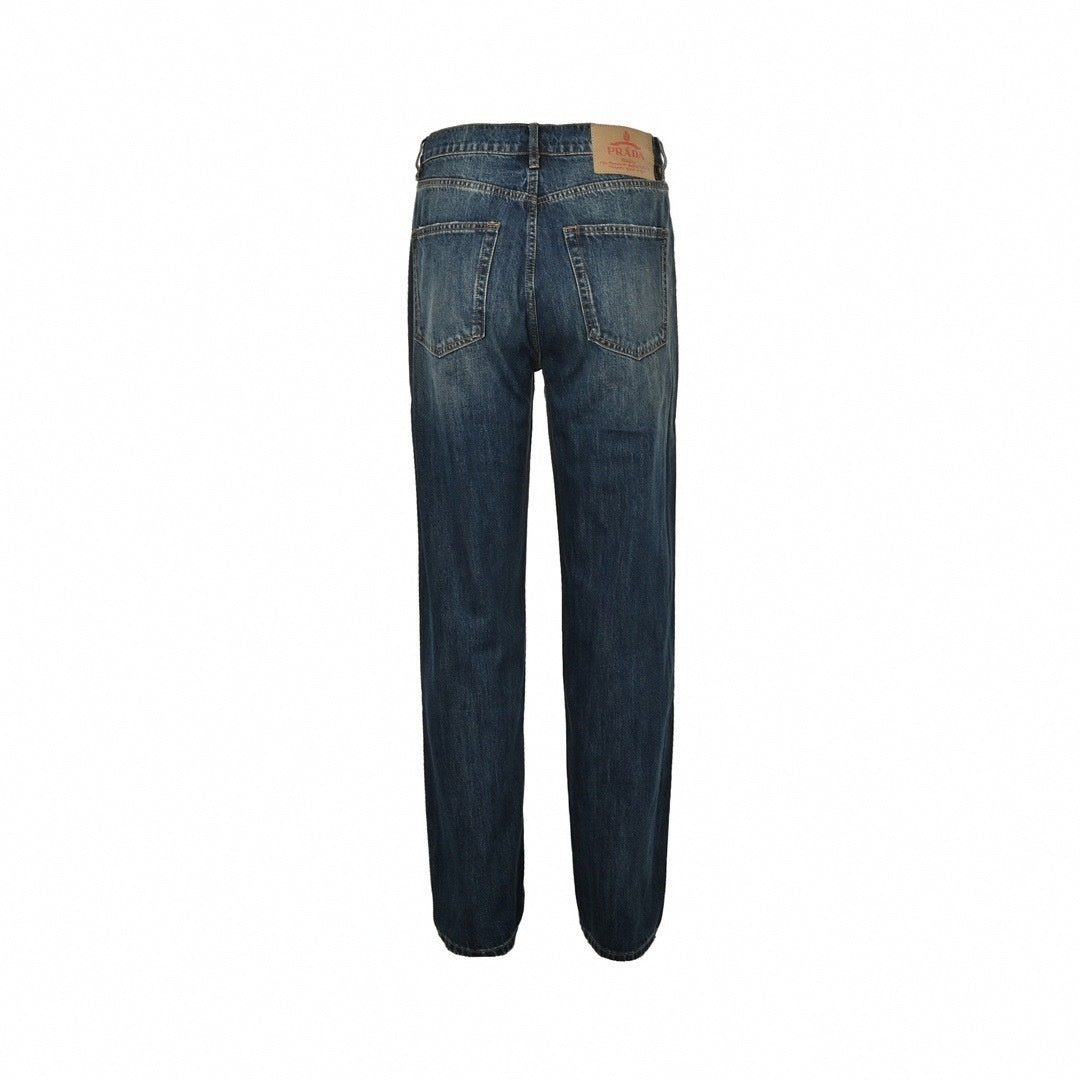 Vintage Blue Washed Straight-Leg Denim Jeans