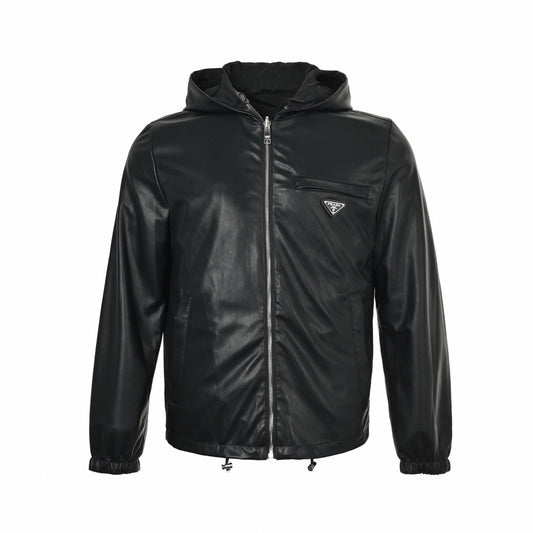 Reversible Hooded Jacket – Black Leather & Nylon Dual-Finish
