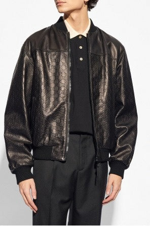 Black GG Monogram Leather Bomber Jacket