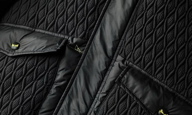 Hooded Puffer Jacket – Geometric Quilt & Monster Patch