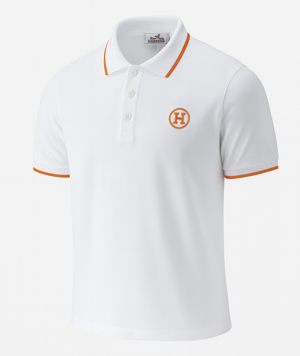 White Polo Shirt with Orange Accents and Signature “H” Embroidery