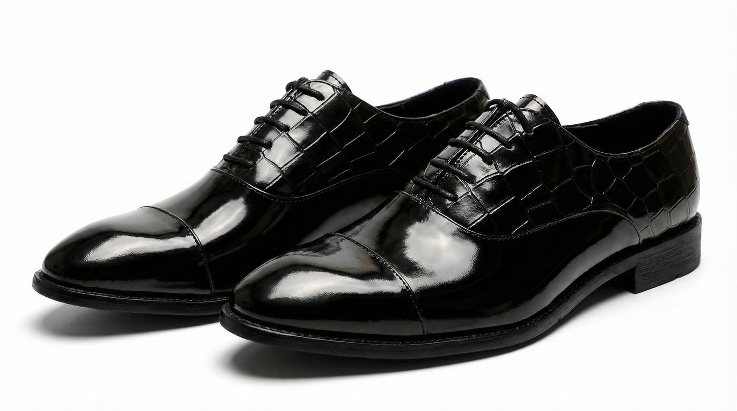 Black Patent Croc-Embossed Oxford Shoes