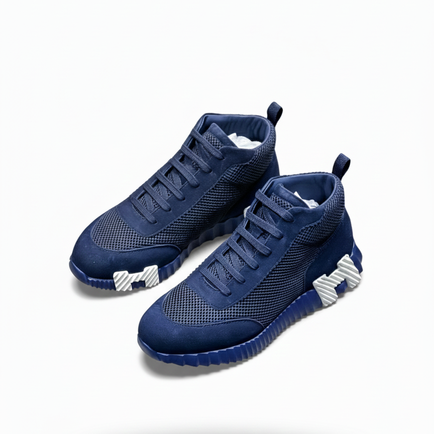 Bouncing High-Top Sneakers in Navy Suede and Mesh