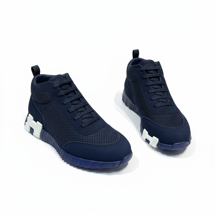 Bouncing High-Top Sneakers in Navy Suede and Mesh