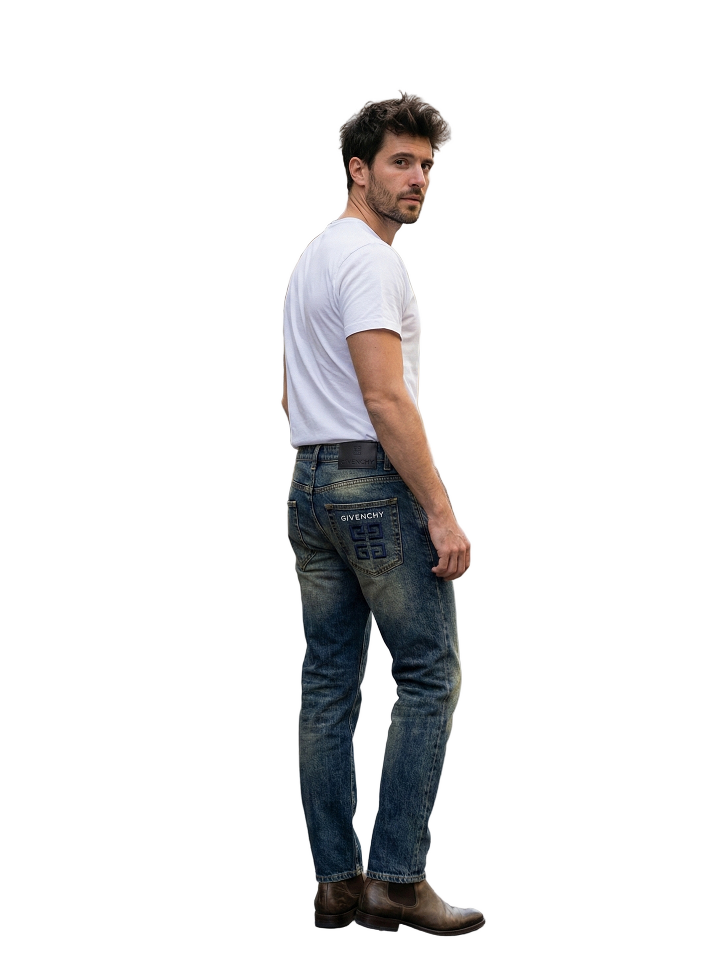 Signature Embroidered Logo Distressed Denim Jeans
