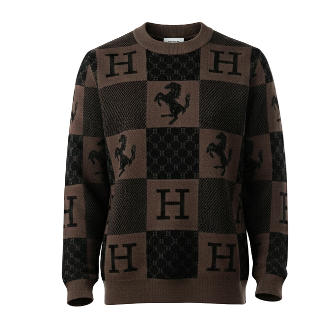 Checkered “H” & Horse Motif Wool Sweater