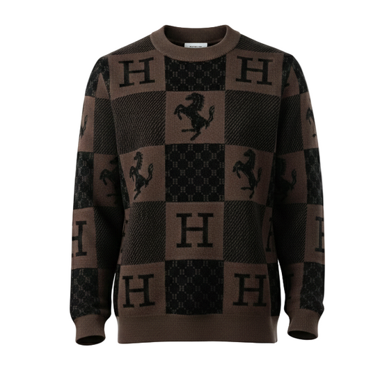 Checkered “H” & Horse Motif Wool Sweater