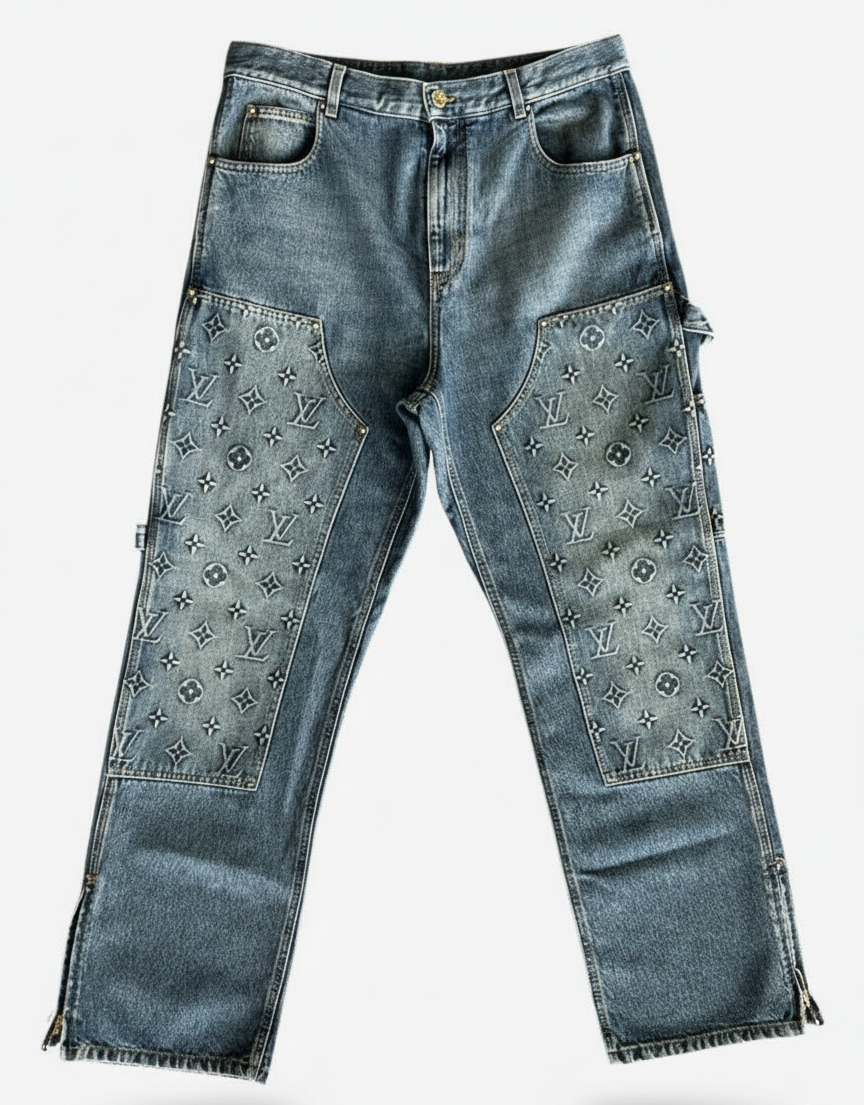 Grey Monogram Panel Denim Jeans