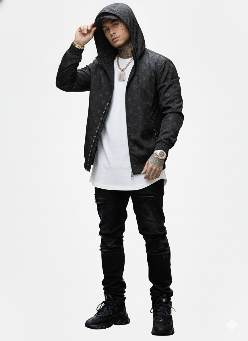 Black LV Monogram Hooded Windbreaker