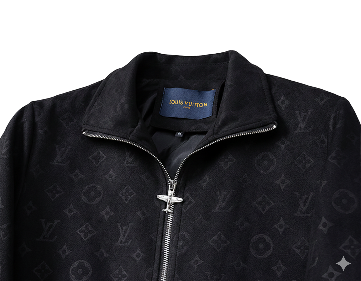 Black Faux Deerskin Monogram Zip Jacket
