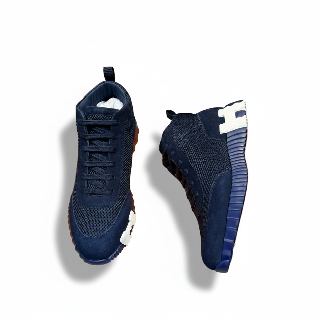 Bouncing High-Top Sneakers in Navy Suede and Mesh