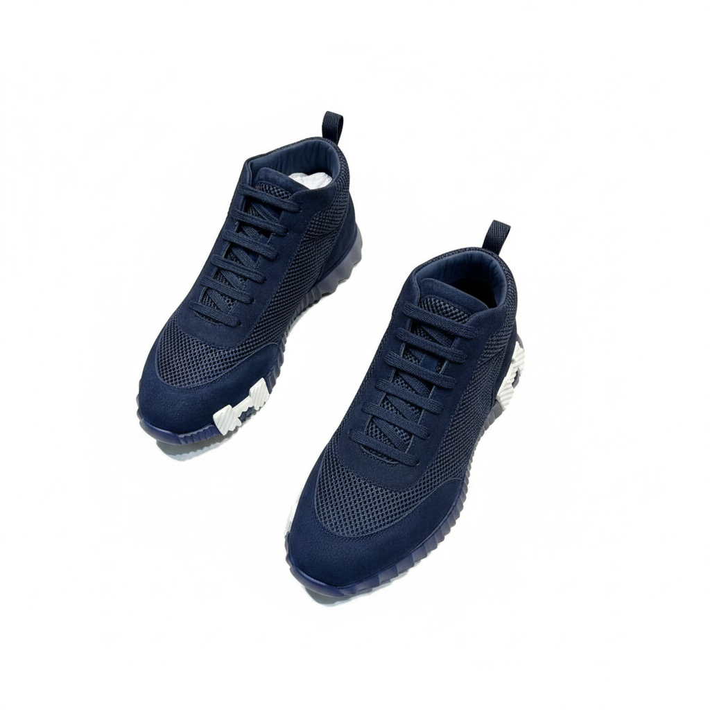 Bouncing High-Top Sneakers in Navy Suede and Mesh