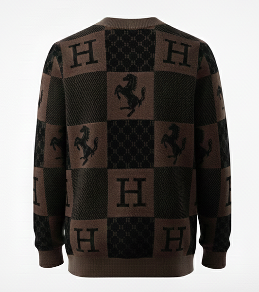 Checkered “H” & Horse Motif Wool Sweater