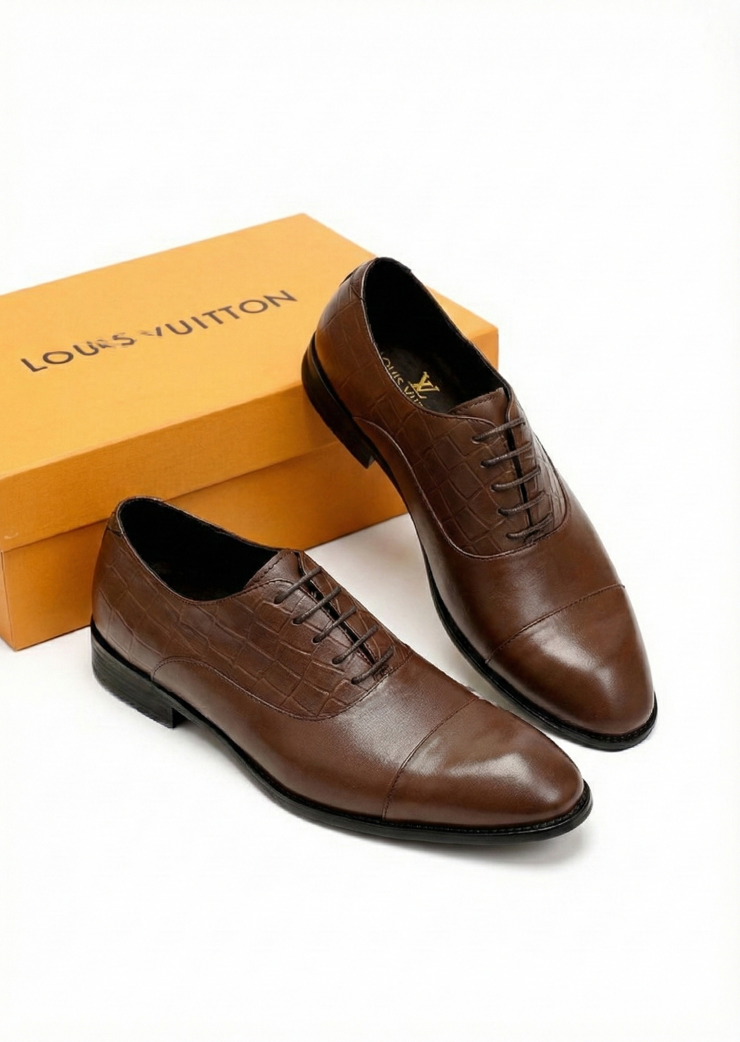 Brown Patent Croc-Embossed Oxford Shoes