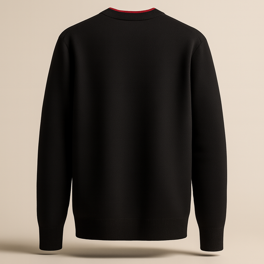 Signature Black Wool Crewneck Sweater with Red Trim