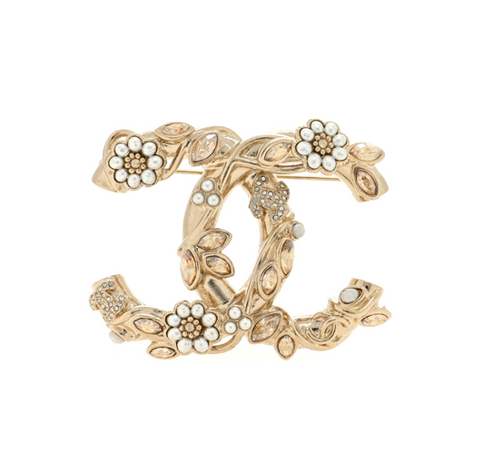 Pearl/Crystal Camelia CC Leaves Brooch