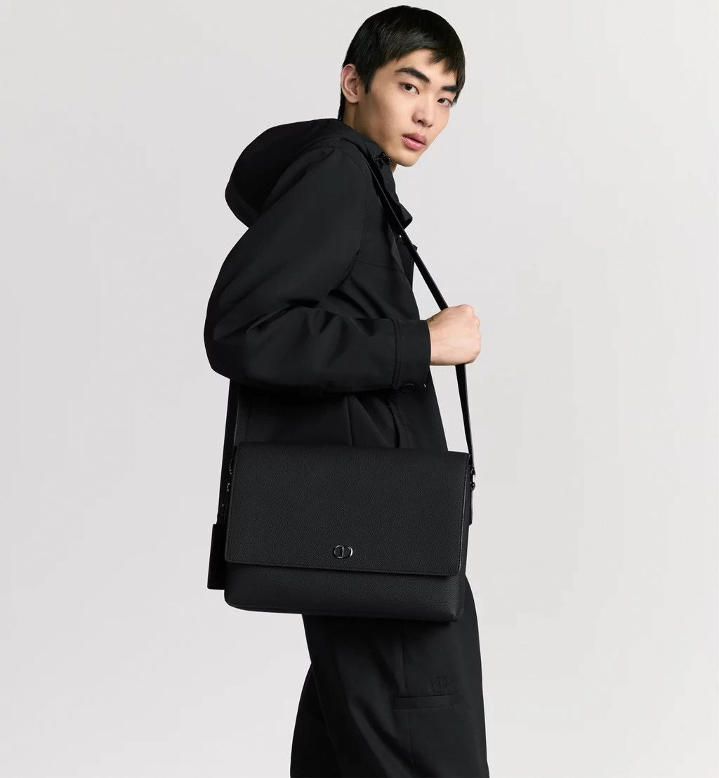 CD Icon Flap Messenger Bag in Black Matte Grained Calfskin