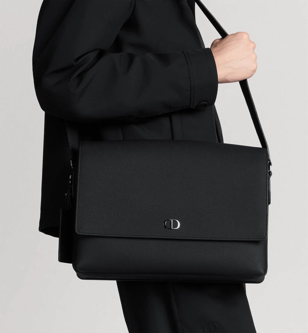 CD Icon Flap Messenger Bag in Black Matte Grained Calfskin