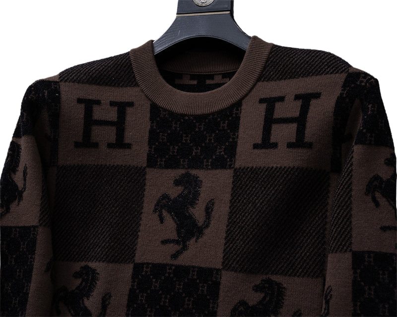 Checkered “H” & Horse Motif Wool Sweater