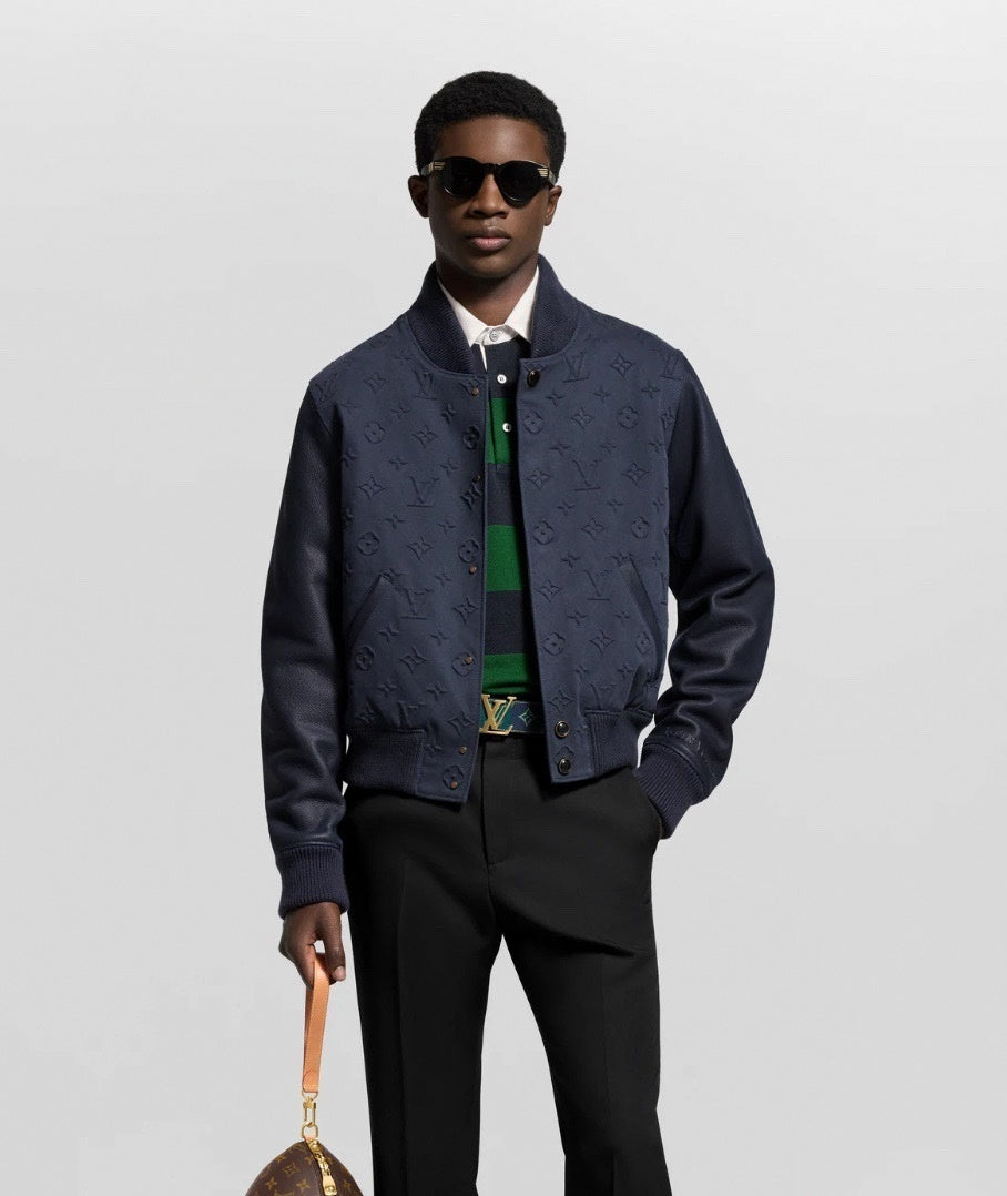 Navy Monogram Embossed Varsity Jacket