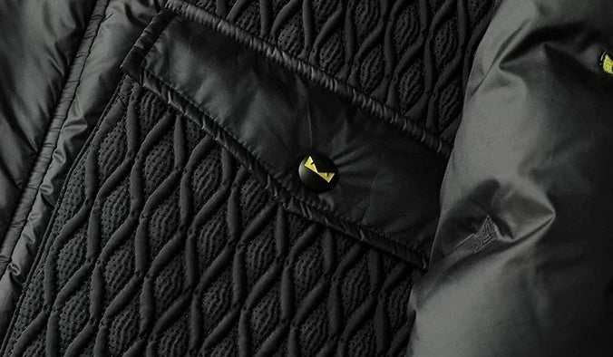 Hooded Puffer Jacket – Geometric Quilt & Monster Patch