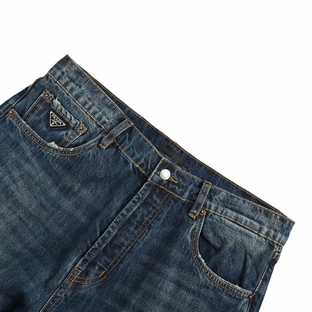 Vintage Blue Washed Straight-Leg Denim Jeans