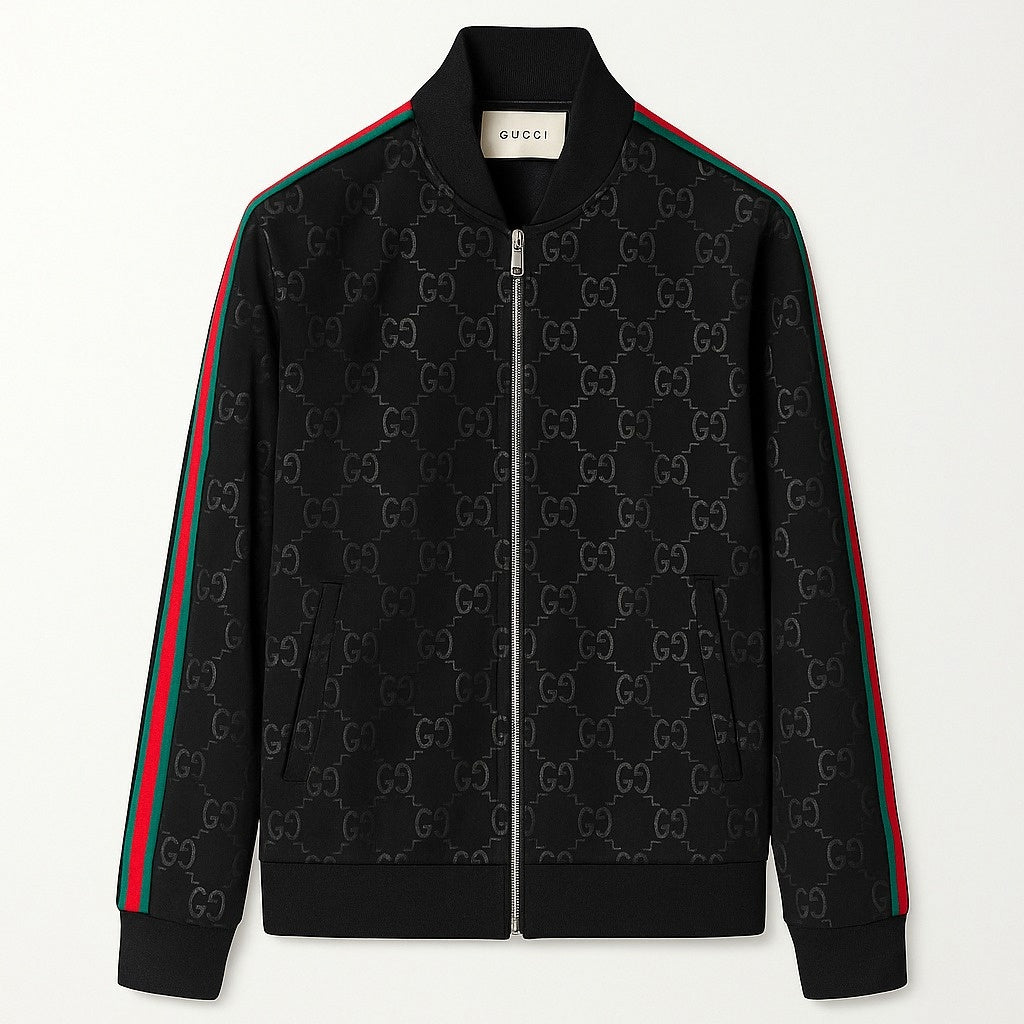 Black GG Monogram Track Jacket with Signature Web Stripes