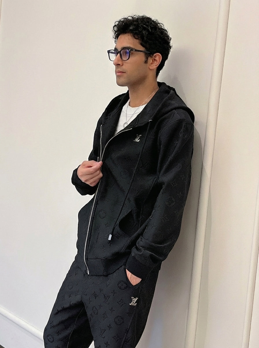 Premium Black Embossed Monogram Tracksuit Set