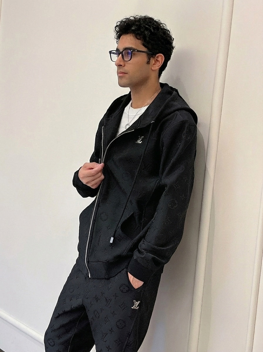 Premium Black Embossed Monogram Tracksuit Set