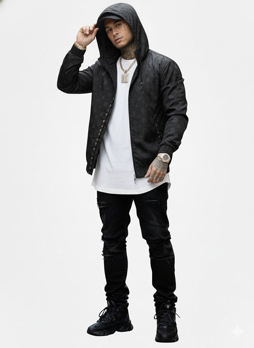 Black LV Monogram Hooded Windbreaker